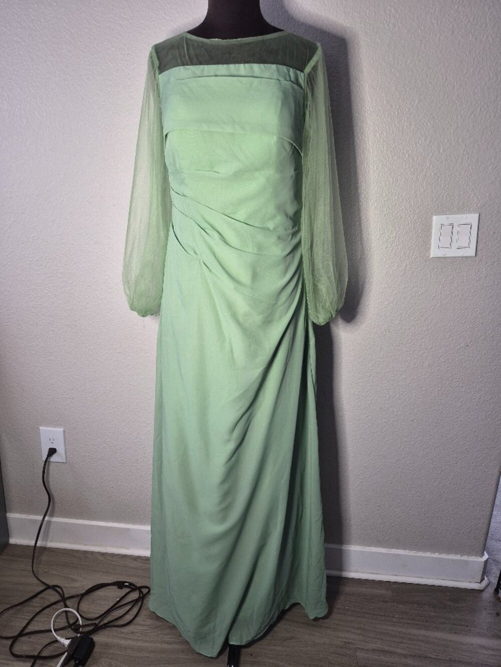 Azazie Gown Womens Size 14 Sage Green Illusion Mesh Long Sleeve Maxi Dress